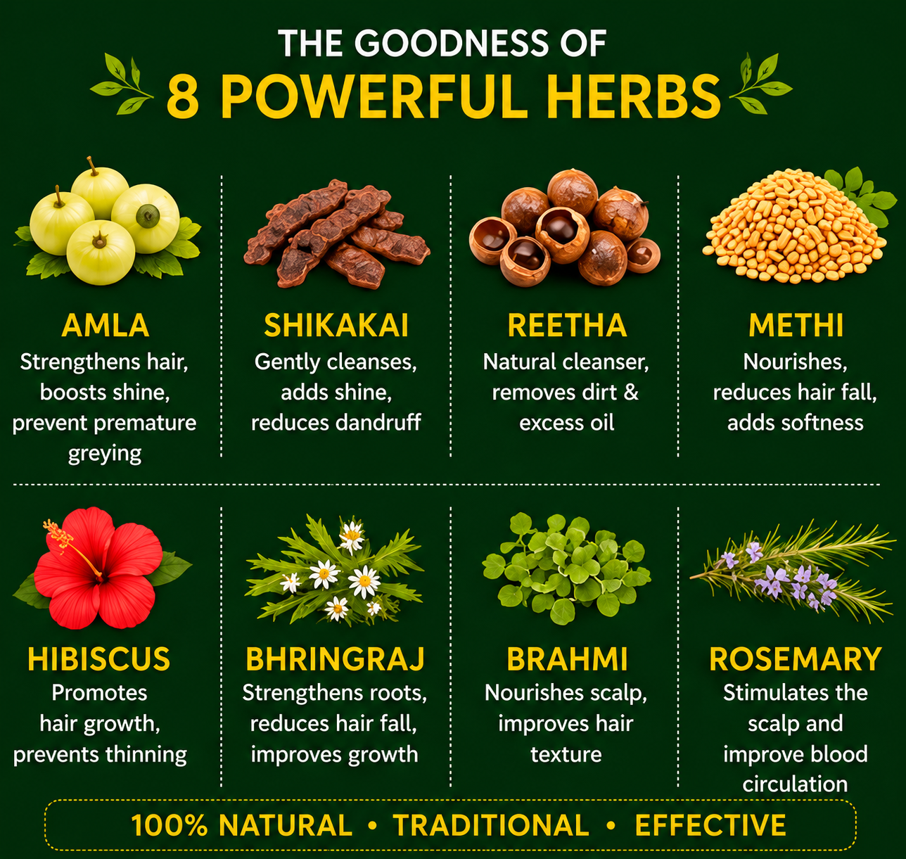 8 Powerful Ayurvedic Herbs: Amla, Shikakai, Reetha, Methi, Hibiscus, Bhringraj, Brahmi, Rosemary